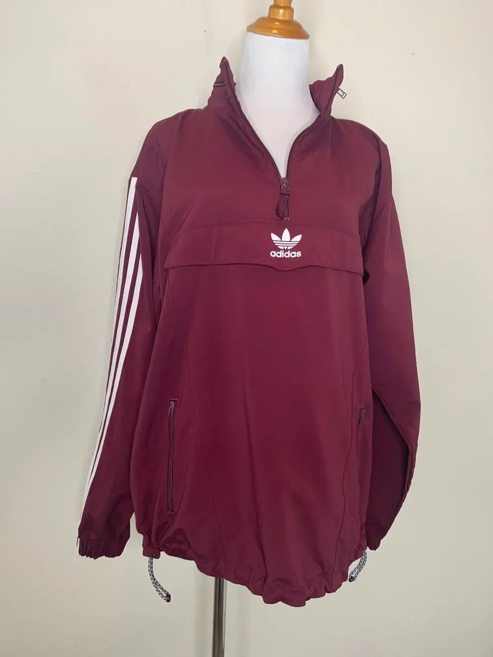 Adidas Burgundy 3 Stripe 1/4 Zip Pullover Windbreaker Track Jacket Sz Small